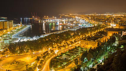 Malaga - nightly otutlook over the town and harbor.