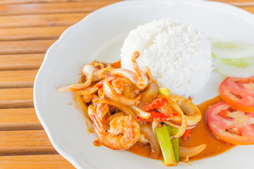 squid and prawns fried with chilies , Thai food