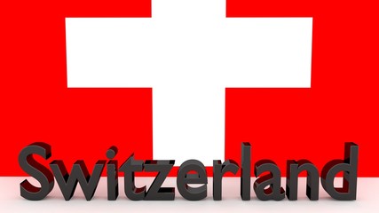 Writing Switzerland made of dark metal  in front of a swiss flag