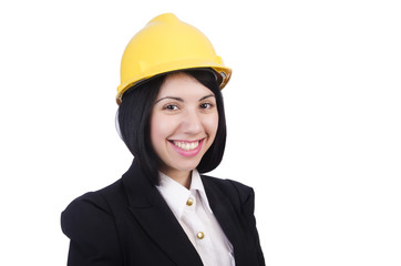 Woman construction worker with helmet isolated on white