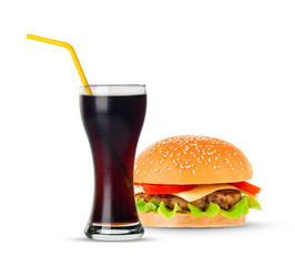 Cola and Big hamburger on white background