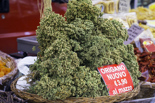 Origanum on market stall. Color image