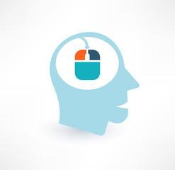 Mouse and head icon. Computer addiction concept. Logo design.