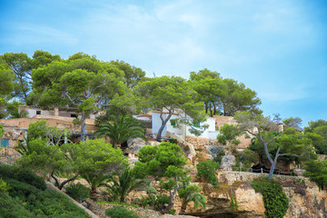 Portrait of tropical apartment building with trees.