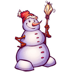 Illustration of funny snowman with broom