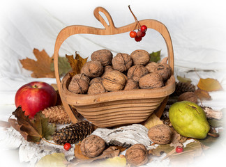 Autumn theme. Walnuts and apples
