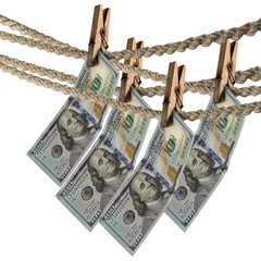 Dollar bill is hanging on a rope with wooden clothespin. Isolate