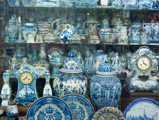 Antique Dutch traditional porcelain in antiques store