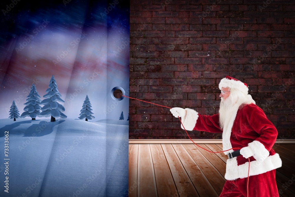 Poster composite image of santa pulls something with a rope