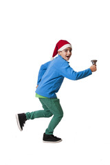 boy running with christmas clothes