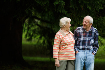 Happy senior couple looking at camera and laughing - 73315056