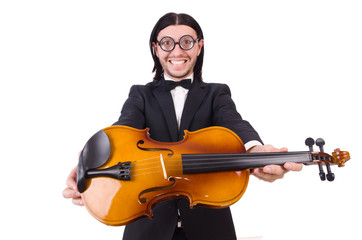 Fototapeta premium Funny man with music instrument on white
