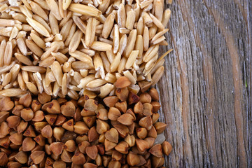 Oats and buckwheat on wooden background