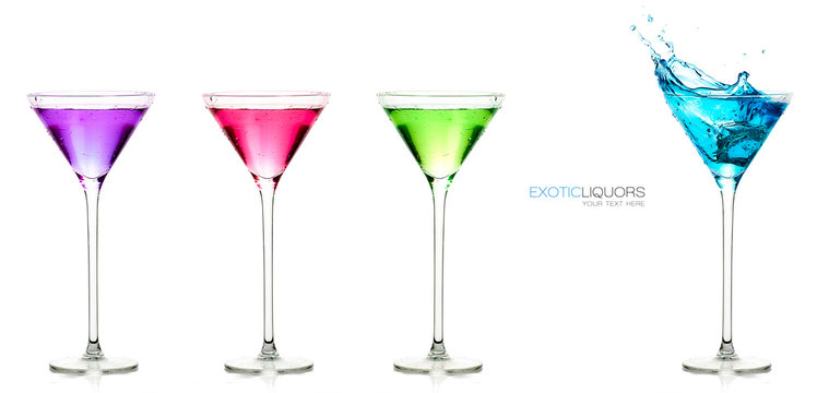 Set of colorful exotic liquors with Sample Text