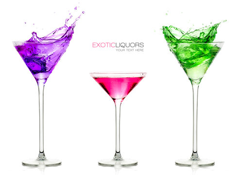 Stemmed Cocktail Glasses. Set of exotic liquors with Sample Text