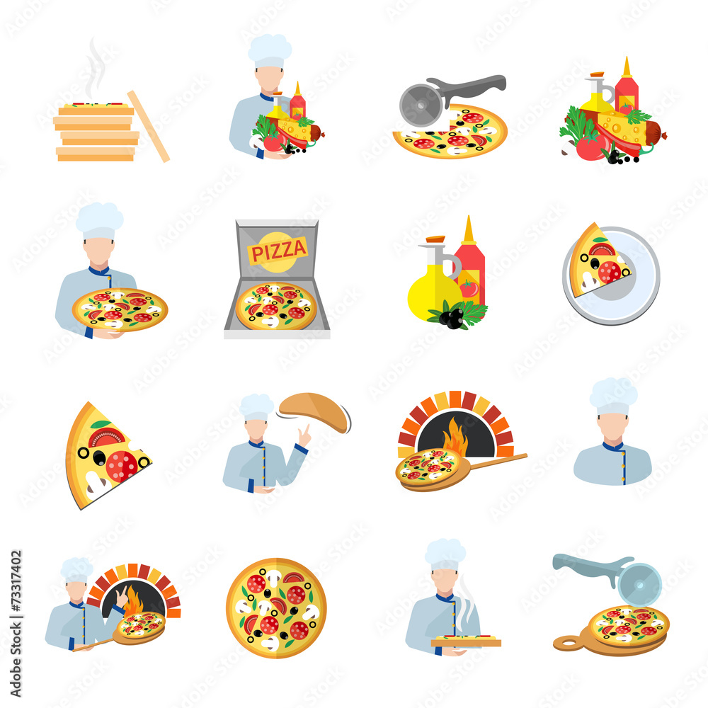 Sticker pizza maker icon set