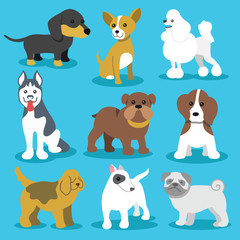 Vector Dogs Flat Icons Set Isolated on Blue Background
