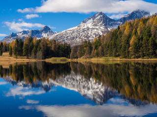 Fototapeta na wymiar Autumn landscapes. Mirror reflection on the lake Lej da Staz, En