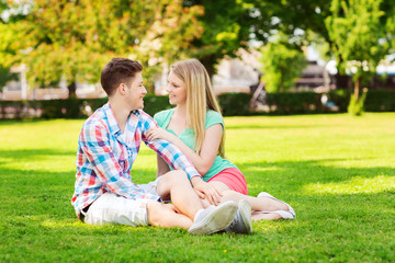 Fototapeta premium smiling couple sitting on grass in park