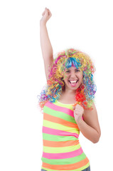 Fototapeta na wymiar Woman with colourful wig isolated on white