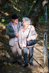 Beautiful senior couple walking in the park