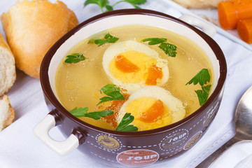 Chicken broth, boiled eggs