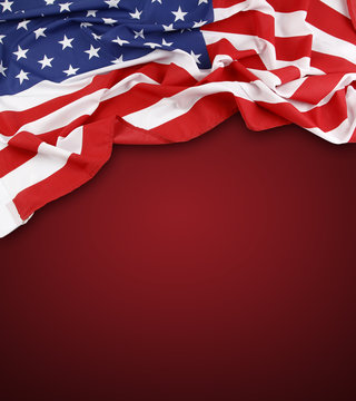 American flag on red background. Copy space