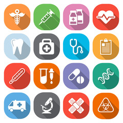 Trendy flat medical icons with shadow. Vector