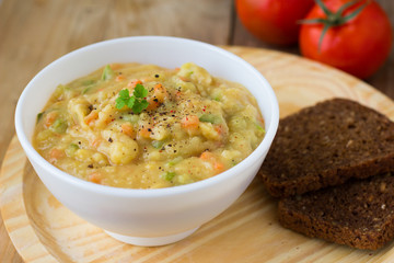Traditional Russian food - peas puree with vegetables