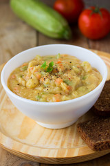 Traditional Russian food - peas puree with vegetables