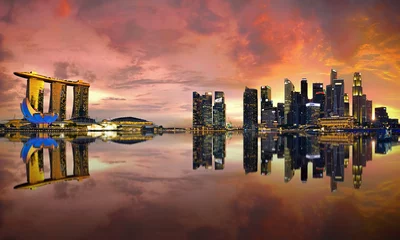 Papier Peint photo autocollant Ville sur leau Singapore Skyline at sunset