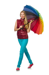 Young woman with colourful umbrella isolated on white