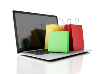 3d Laptop and colorful Shopping Bags. E-commerce concept