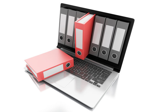3d Laptop and files. isolated white background