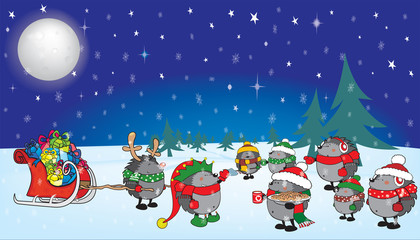 Christmas hedgehogs on classic winter night background