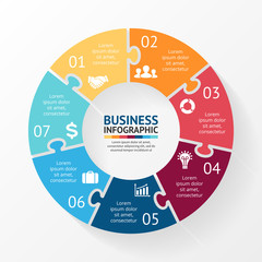 Circle puzzle infographic, diagram, steps, 7 options