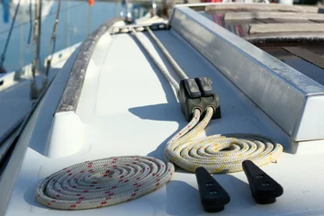 Fotobehang Ropes on the Side deck of yacht © William Richardson