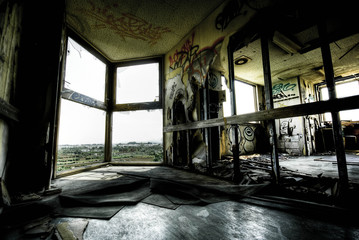 Urban decay, building ruins. Haikyo with a view
