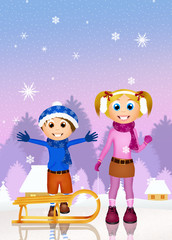 Fototapeta premium children with sleighs in the snow