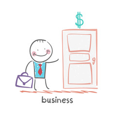 businessman walks into a door painted with a dollar