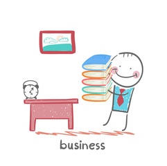 businessman goes to his workplace with a stack of books