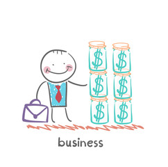 businessman holding dollars in the bank