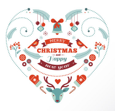 Christmas design heart with birds and deer