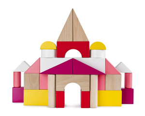 Colorful tower castle from toy bricks isolated on white