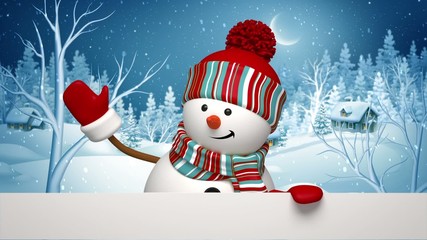 Christmas greeting card, snowman in winter forest - Powered by Adobe