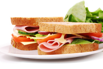 Healthy ham sandwich with cheese, tomatoes