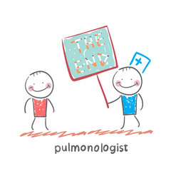 pulmonologist shows the patient a poster of the words 