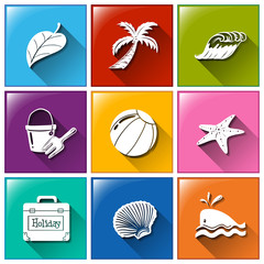 Icons with the different objects for summer