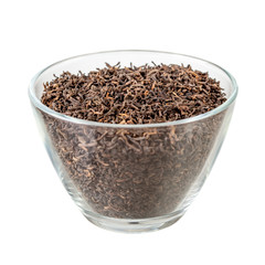 Loose pu erh tea in glass bowl