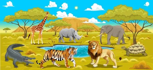 Wandaufkleber Afrikanische Landschaft mit Tieren. © ddraw